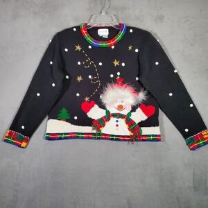 Just B Christmas Sweater Womens M Black Snowman Beaded Fur Plaid Holiday Festive